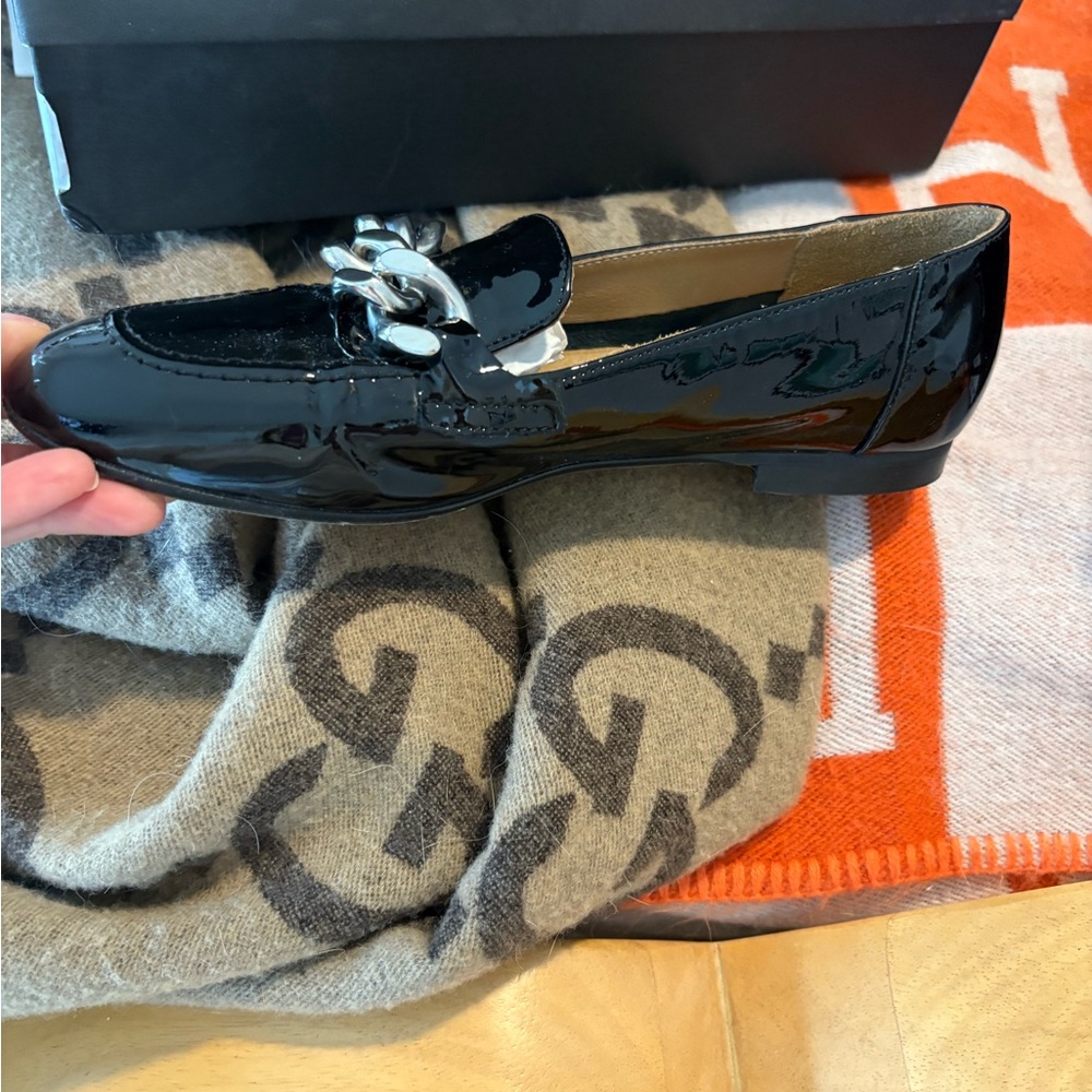 Black Patent Leather Loafers with Chain Detail